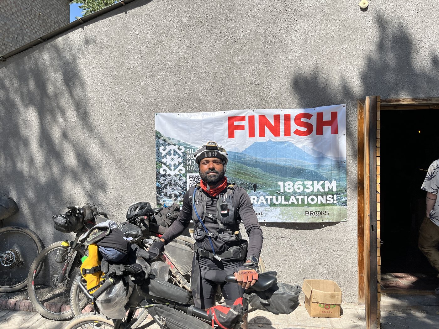 Shekhoo Shyam Raja at the finish of a long-distance cycling event